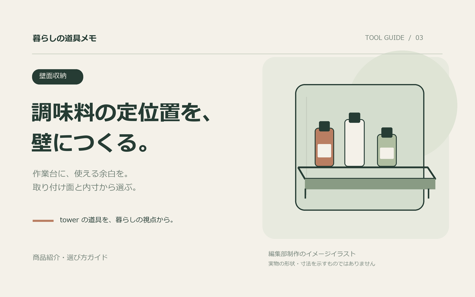 暮らしの道具メモ：調味料の定位置を、壁につくる。。商品そのものではなく編集部制作のイメージイラスト