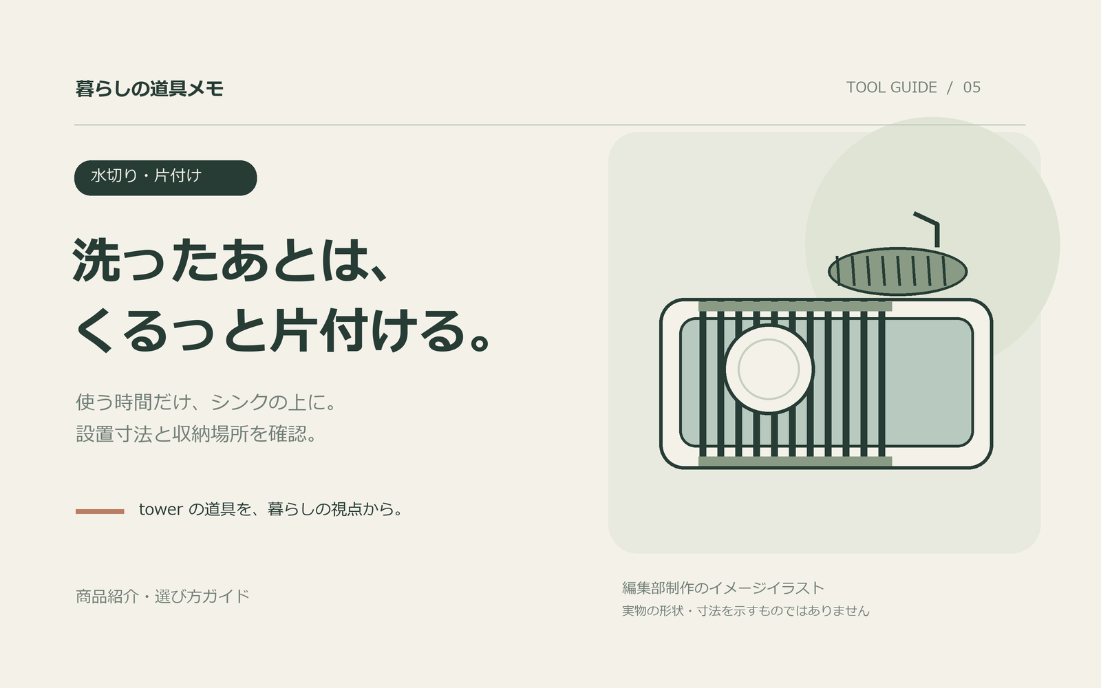 暮らしの道具メモ：洗ったあとは、くるっと片付ける。。商品そのものではなく編集部制作のイメージイラスト